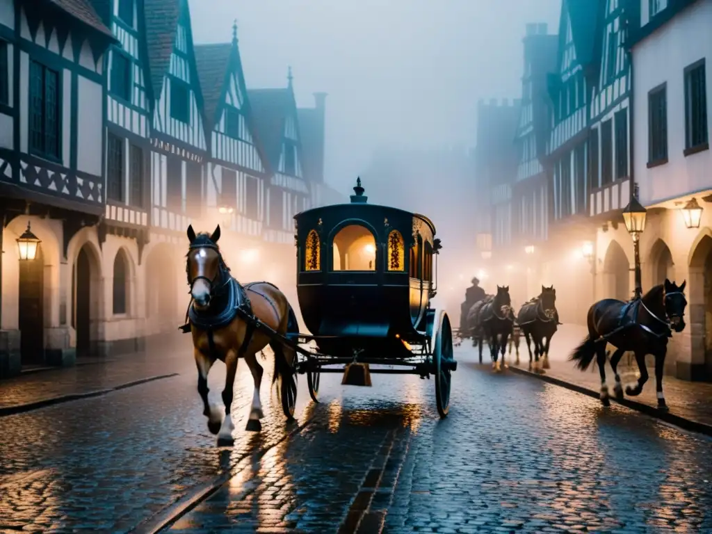 Un misterioso transporte sobrenatural emerge de la niebla en una antigua calle medieval