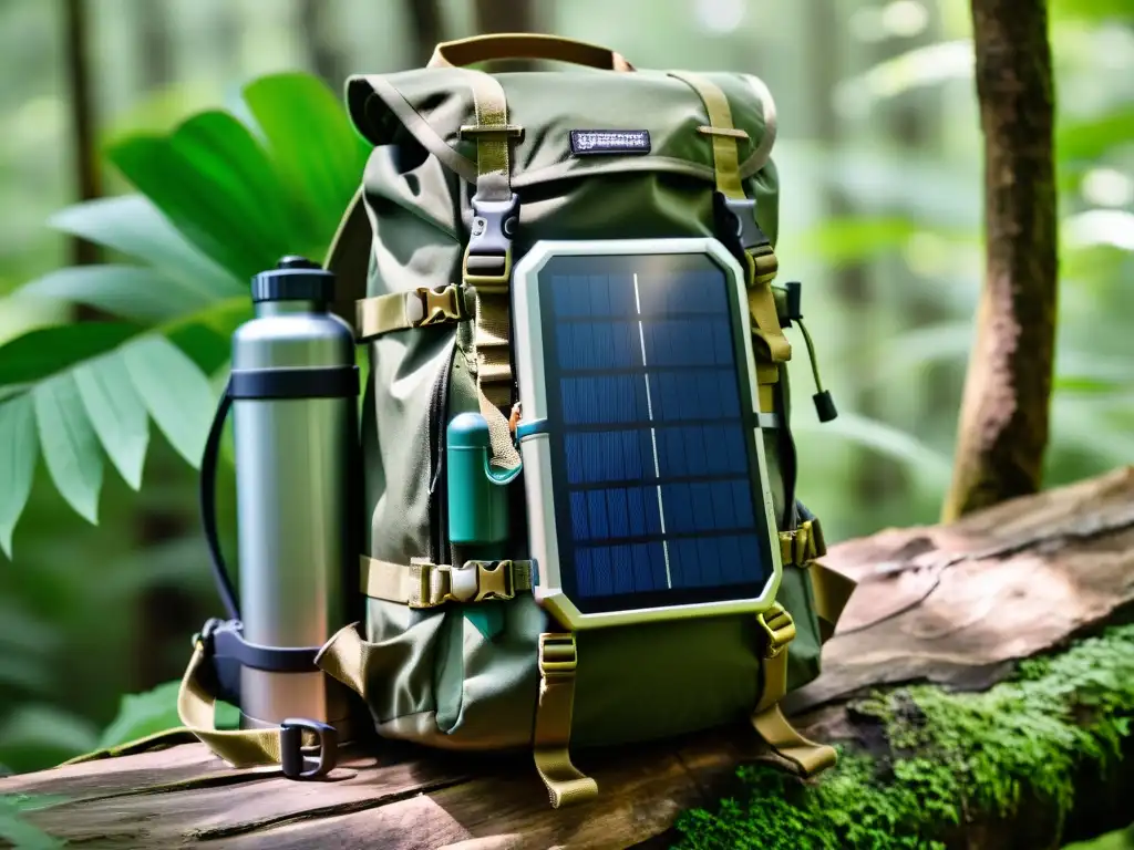 Una mochila resistente con equipo esencial para viajero aventurero en un bosque exuberante y soleado