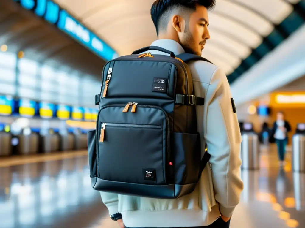 Una mochila de viaje moderna con múltiples compartimentos y medidas de seguridad, en un bullicioso aeropuerto