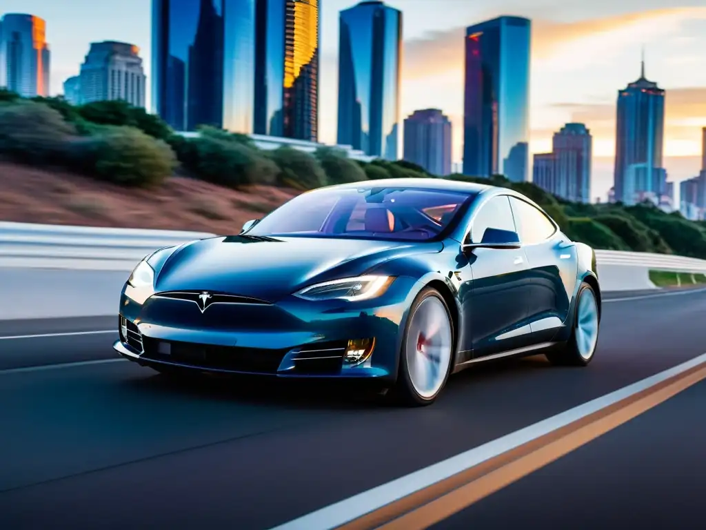 Tesla Model S Plaid velocidad eléctrica en una autopista futurista al anochecer, con luces de la ciudad de fondo, evocando lujo y elegancia moderna