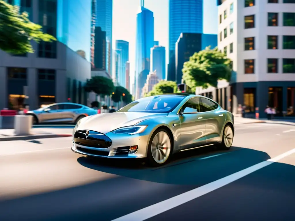 Tesla Model S en transporte autónomo por la ciudad, destacando su tecnología y diseño vanguardista