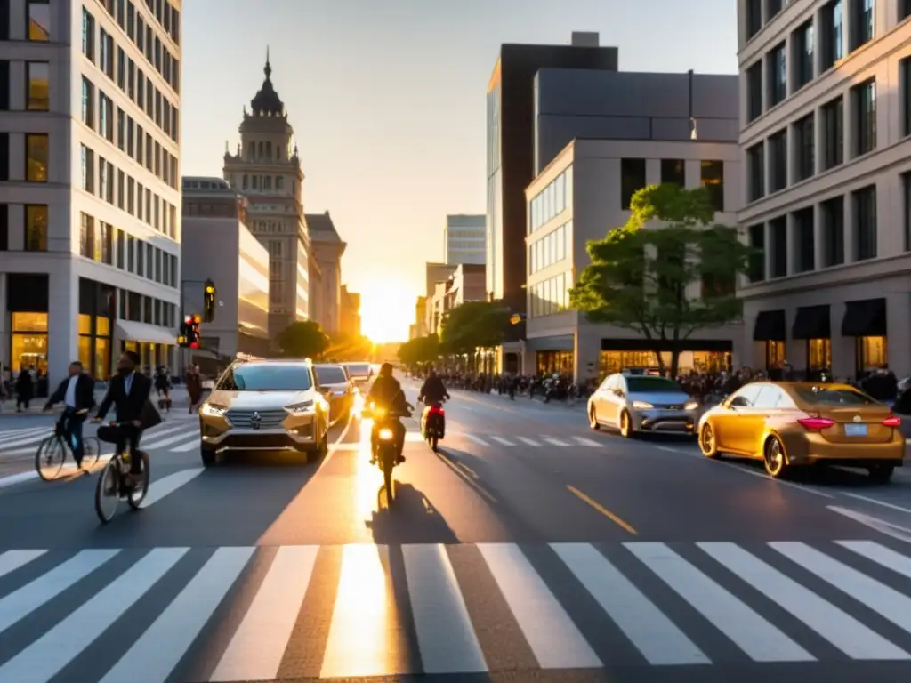 Modelos colaborativos de transporte urbano en una bulliciosa ciudad al atardecer, con movimiento y actividad urbana