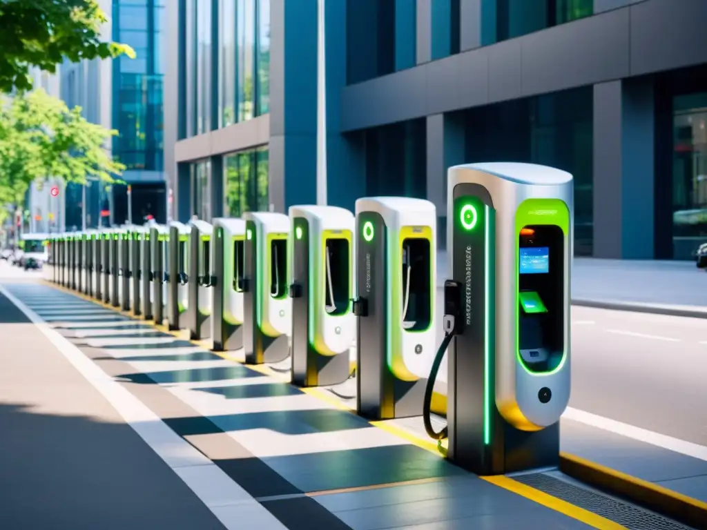 Una moderna estación de carga para vehículos eléctricos con mejoras en la interfaz de carga, integrada en un paisaje urbano dinámico y accesible