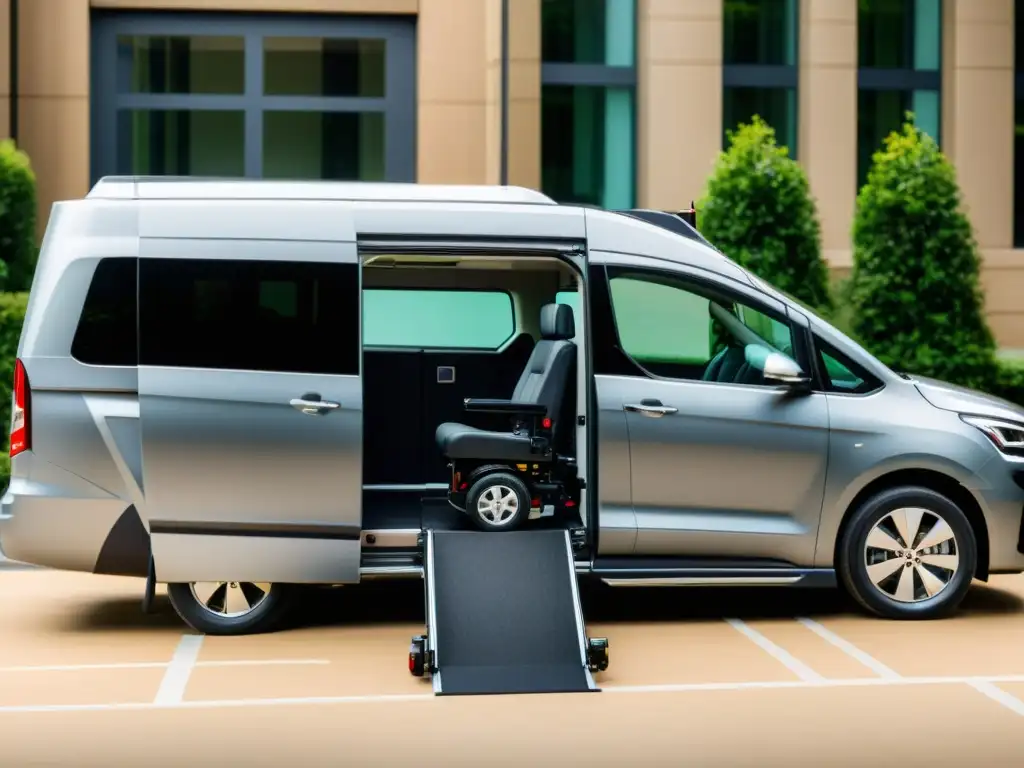 Una moderna furgoneta accesible con innovaciones en transporte para discapacitados, con elevador hidráulico extendido para silla de ruedas