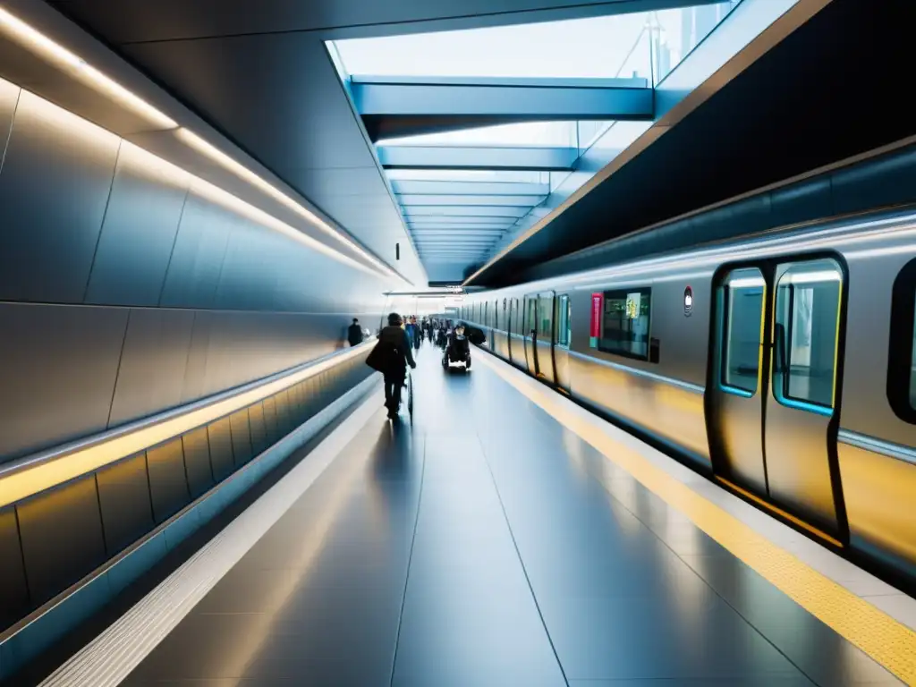 Una moderna estación de metro con rampas de acceso universal en un ambiente inclusivo y activo