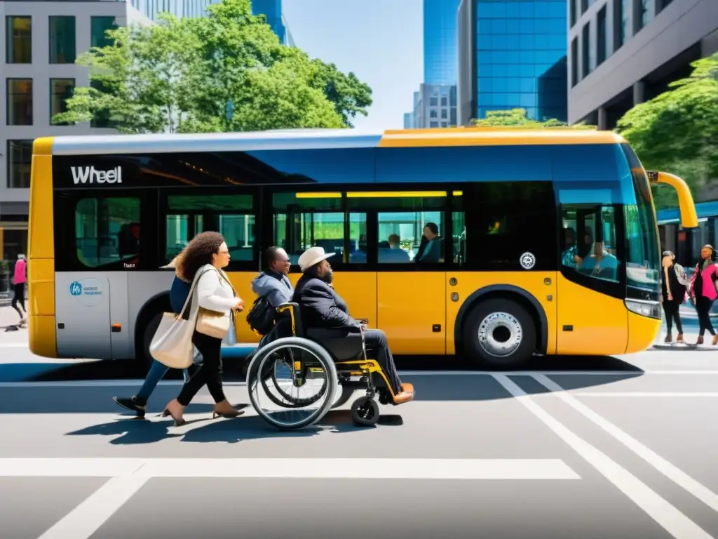 Un moderno autobús accesible para discapacitados en una bulliciosa calle de la ciudad