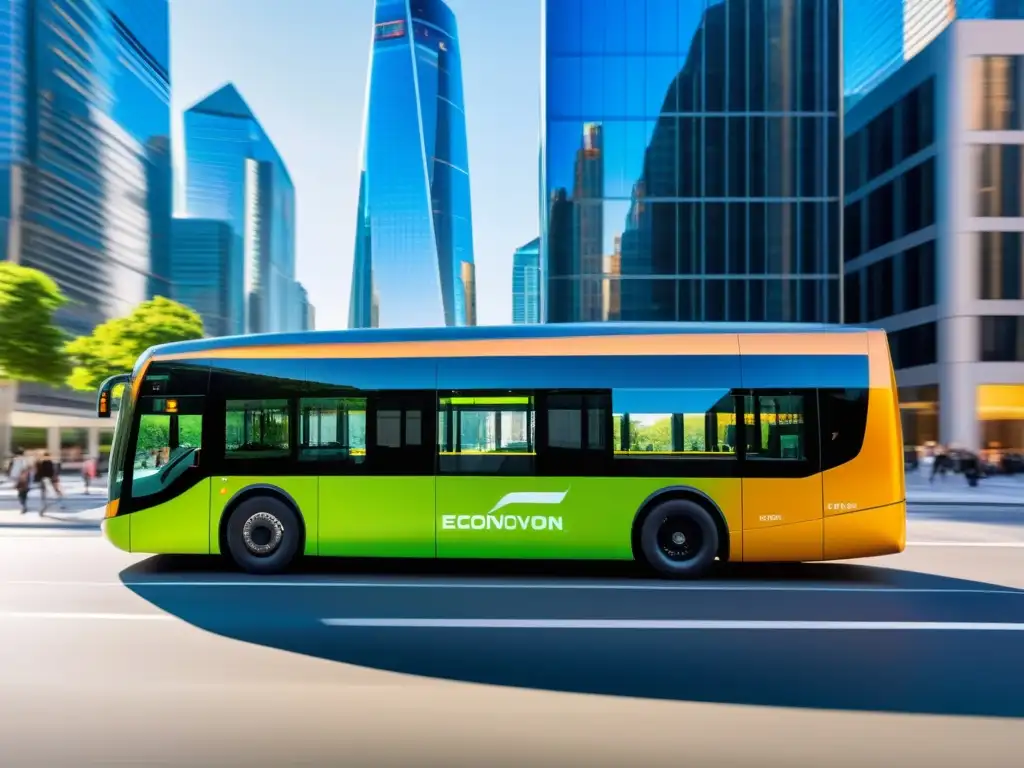 Un moderno autobús eléctrico Euro 6 se desliza por la ciudad, reflejando la energía y el paisaje urbano