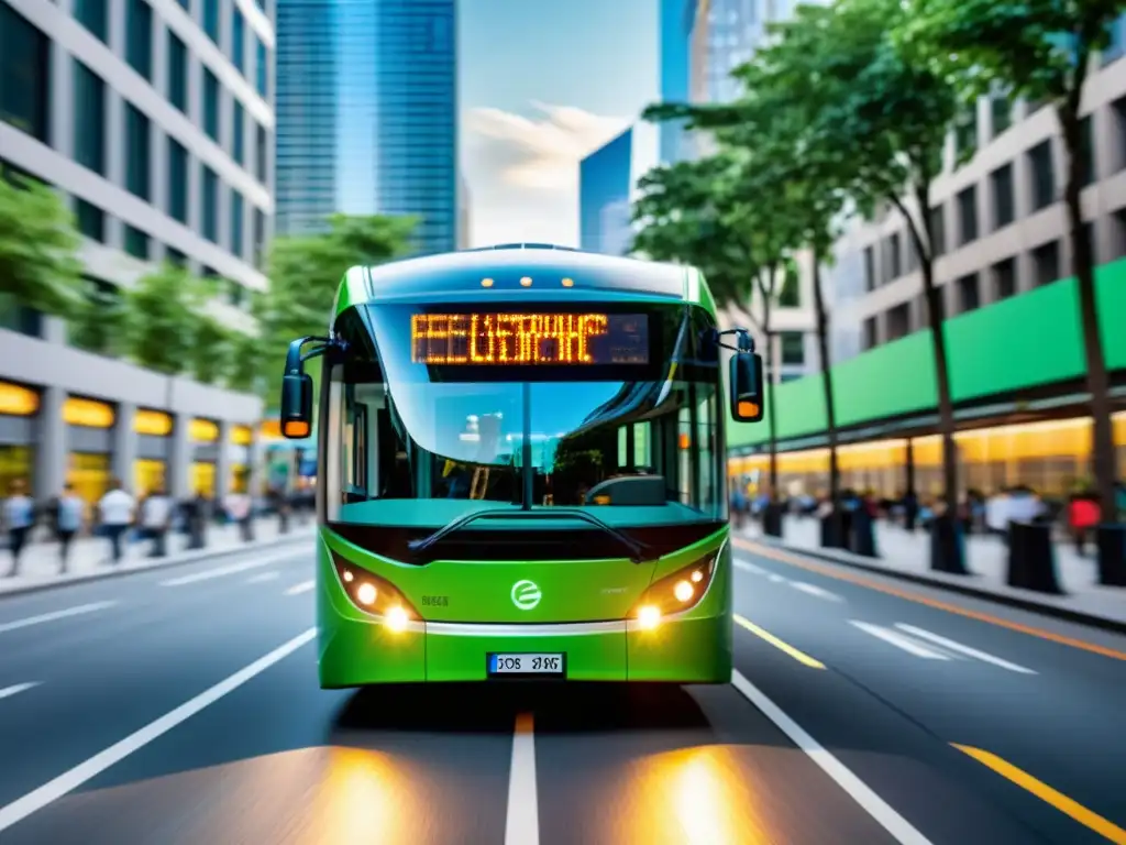 Un moderno autobús eléctrico en movimiento entre el bullicio de la ciudad, destacando su diseño futurista y el entorno urbano verde