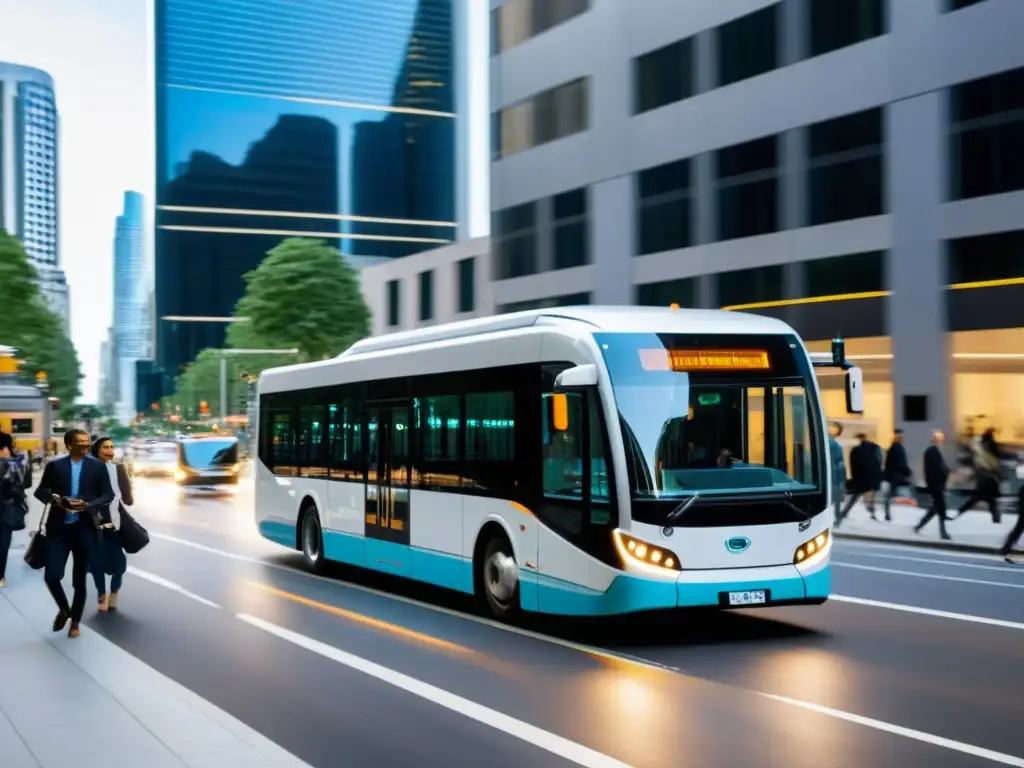 Un moderno autobús eléctrico silencioso se desliza por una bulliciosa calle de la ciudad, mostrando el contraste entre el ruido de los vehículos tradicionales y la eficiencia tranquila del transporte sostenible