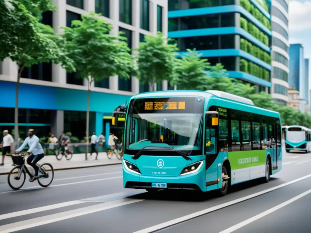 Un moderno autobús eléctrico con tecnologías verdes en transporte seguro circula por una ciudad bulliciosa, rodeado de naturaleza y ciclistas