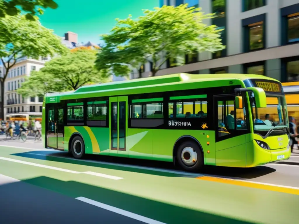 Un moderno autobús eléctrico verde, con diseños naturales, circula por una bulliciosa calle urbana