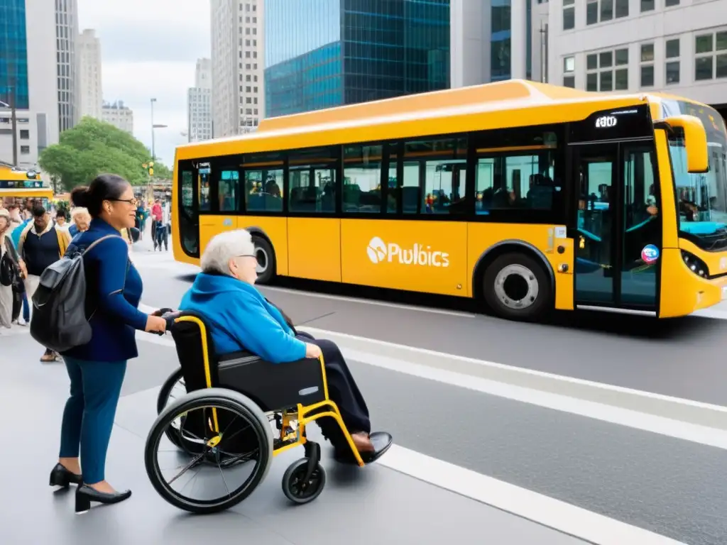 Un moderno autobús público accesible carga pasajeros diversos en la bulliciosa calle de la ciudad