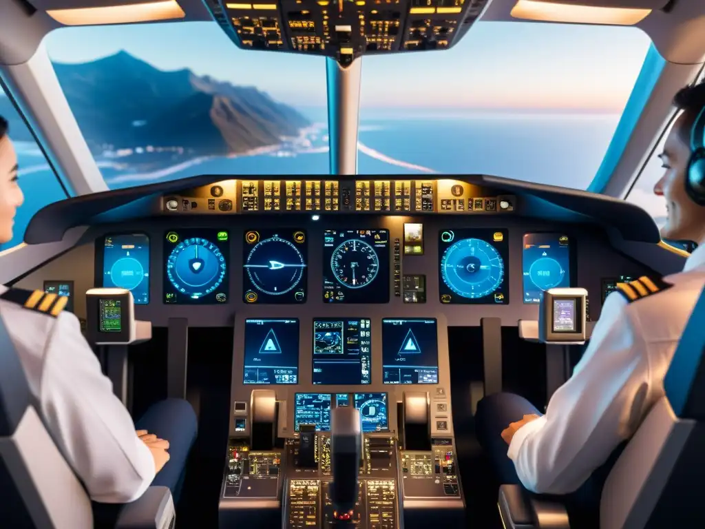 Un moderno y detallado cockpit de avión con pantallas digitales avanzadas y diseño futurista