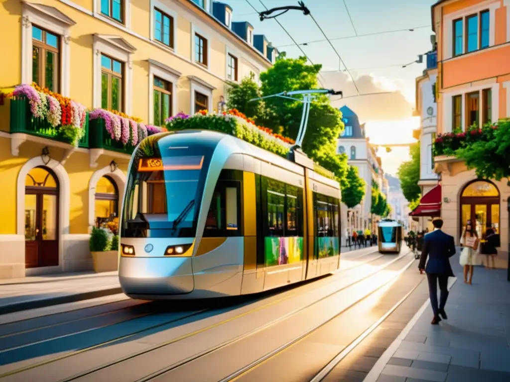 Un moderno tranvía eléctrico recorre elegantemente una encantadora calle europea, rodeado de coloridas flores y exuberante vegetación