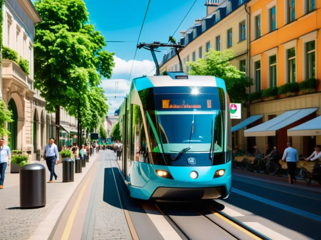Un moderno tranvía eléctrico recorre una encantadora calle de una ciudad europea, rodeado de edificios históricos y exuberante vegetación