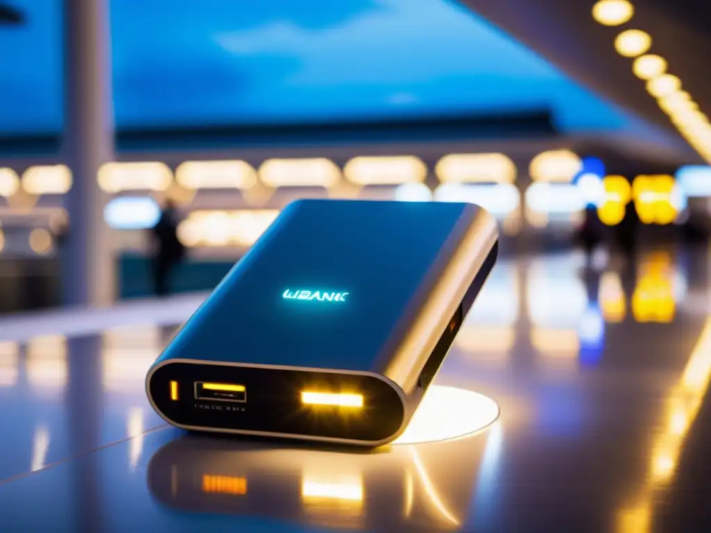 Un moderno power bank en un bullicioso aeropuerto, capturando la energía de viajeros en movimiento