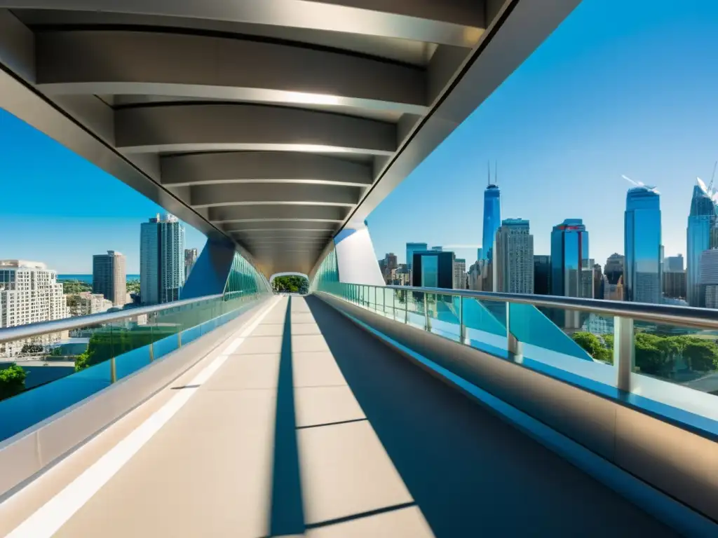 Espectacular diseño urbano: Puente peatonal moderno en 8k Un moderno puente peatonal en una bulliciosa ciudad