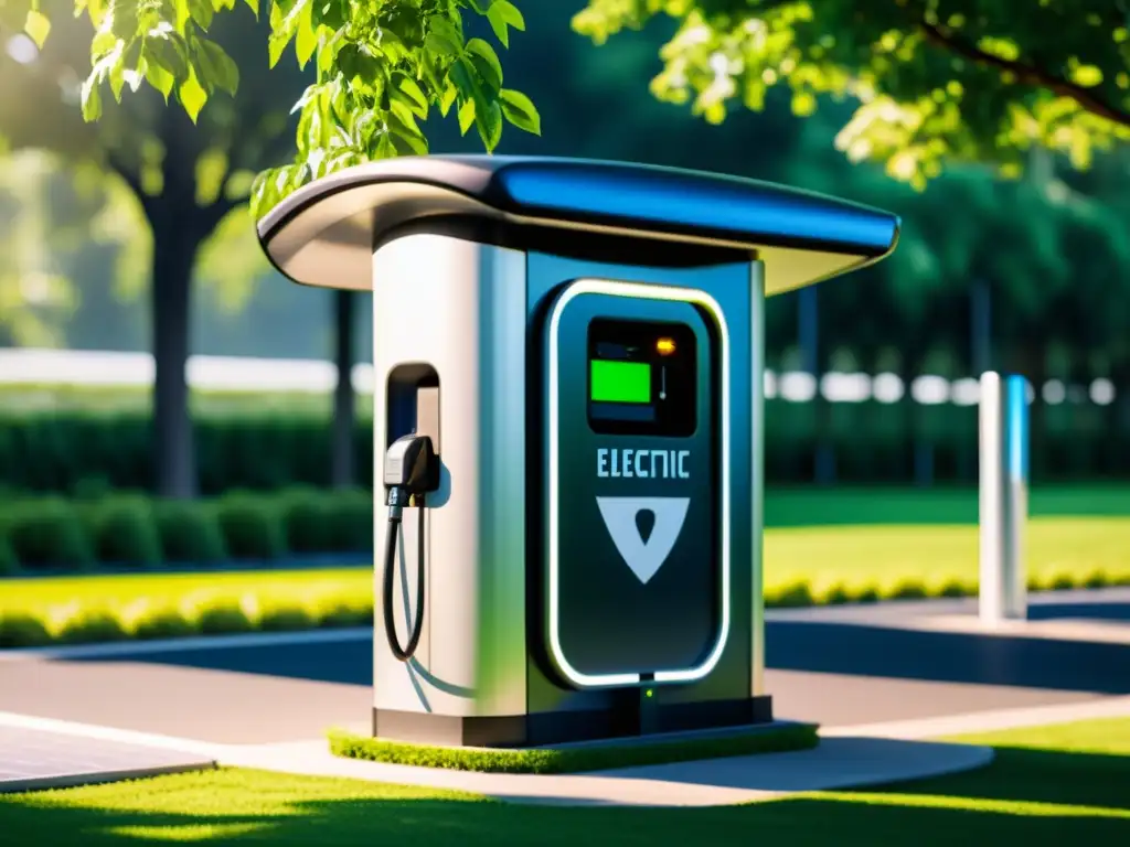 Un moderno punto de carga para vehículos eléctricos en medio de un entorno verde y sostenible