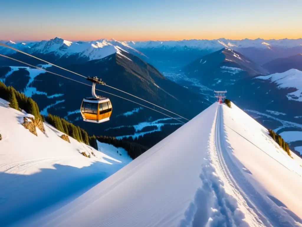 Un moderno teleférico recorre majestuosamente las montañas nevadas al atardecer invernal, transportando esquiadores y snowboarders