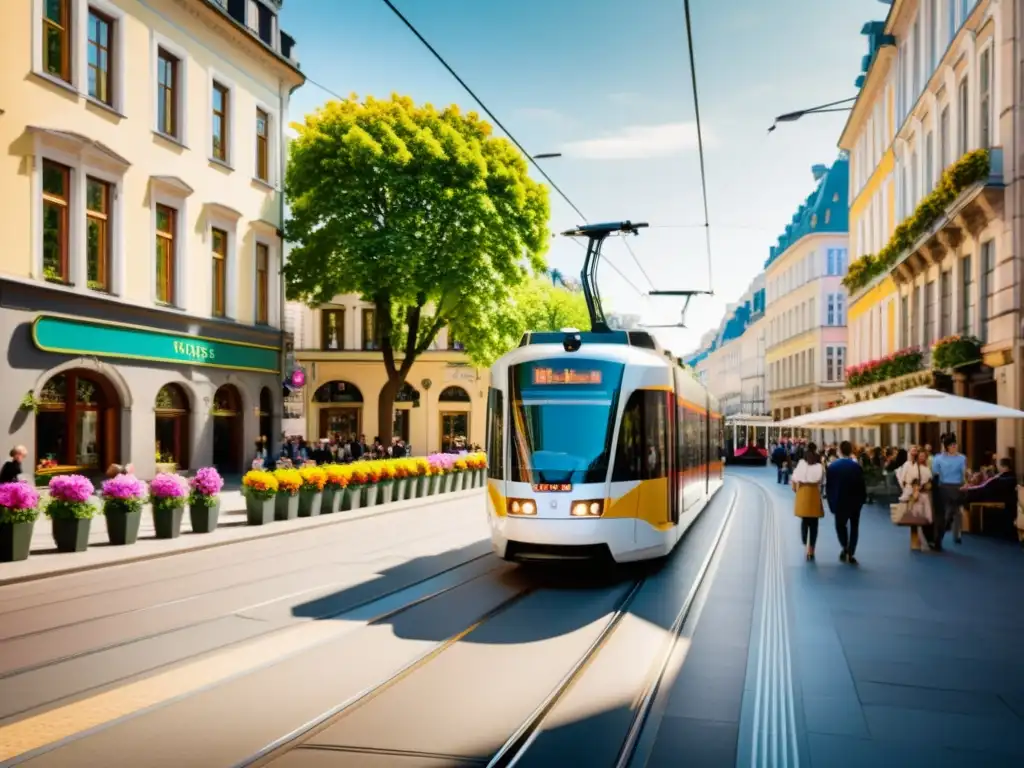 Un moderno tranvía en una encantadora ciudad europea, rodeado de flores y arquitectura histórica