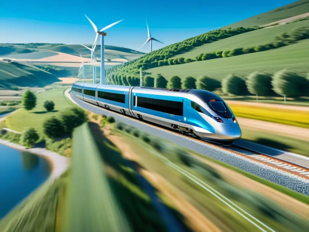 Un moderno tren de alta velocidad recorriendo un paisaje pintoresco con molinos de viento, bajo un cielo azul