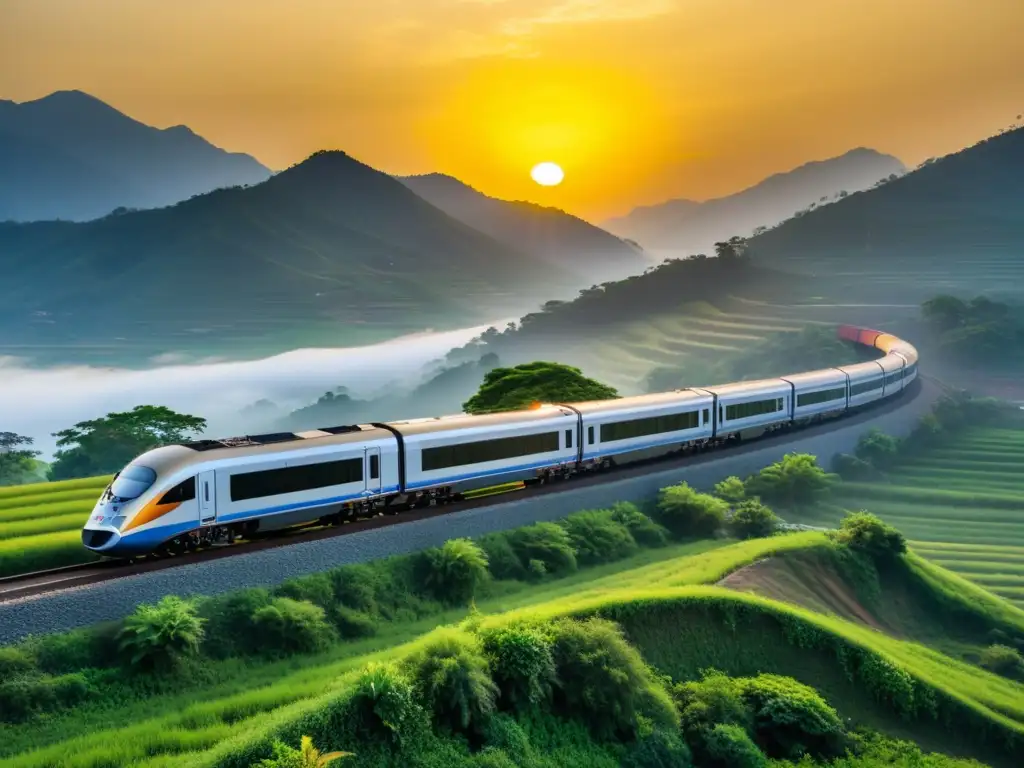 Un moderno tren se desliza bajo un atardecer dorado sobre el paisaje asiático, con anécdotas y leyendas de viajes en tren