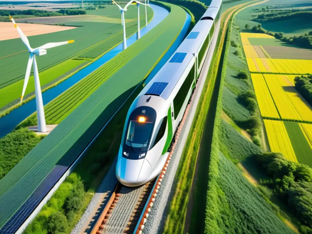 Un moderno tren eléctrico ecoamigable viaja por un paisaje verde, destacando normativas ambientales en el sector ferroviario