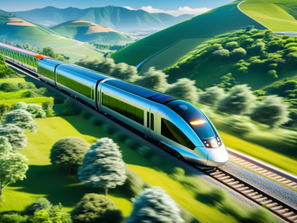 Un moderno tren eléctrico recorre un paisaje verde, transmitiendo un transporte turístico sostenible y futurista en armonía con la naturaleza