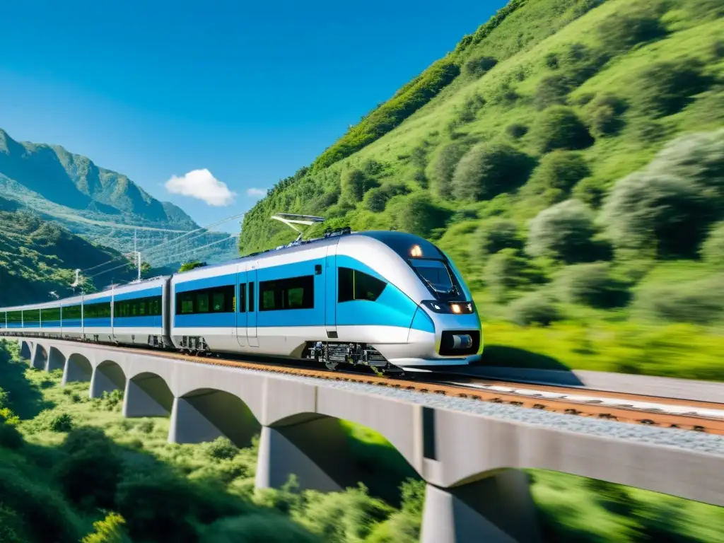 Un moderno tren eléctrico recorre un paisaje natural, destacando el transporte turístico sostenible de trenes eléctricos