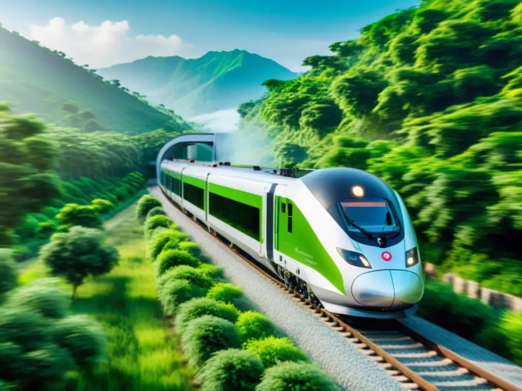 Un moderno tren eléctrico en paisaje verde, resalta su diseño aerodinámico