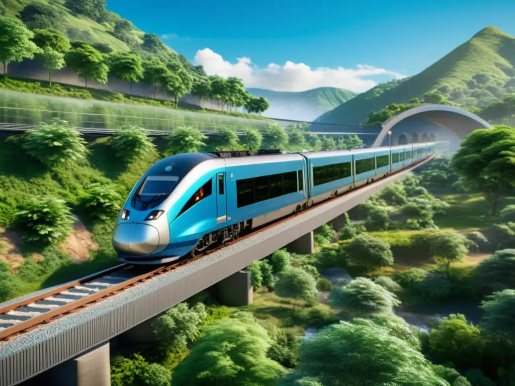 Un moderno tren recorre un paisaje diverso rodeado de exuberante vegetación y cielos despejados, cumpliendo normativas ambientales sector ferroviario