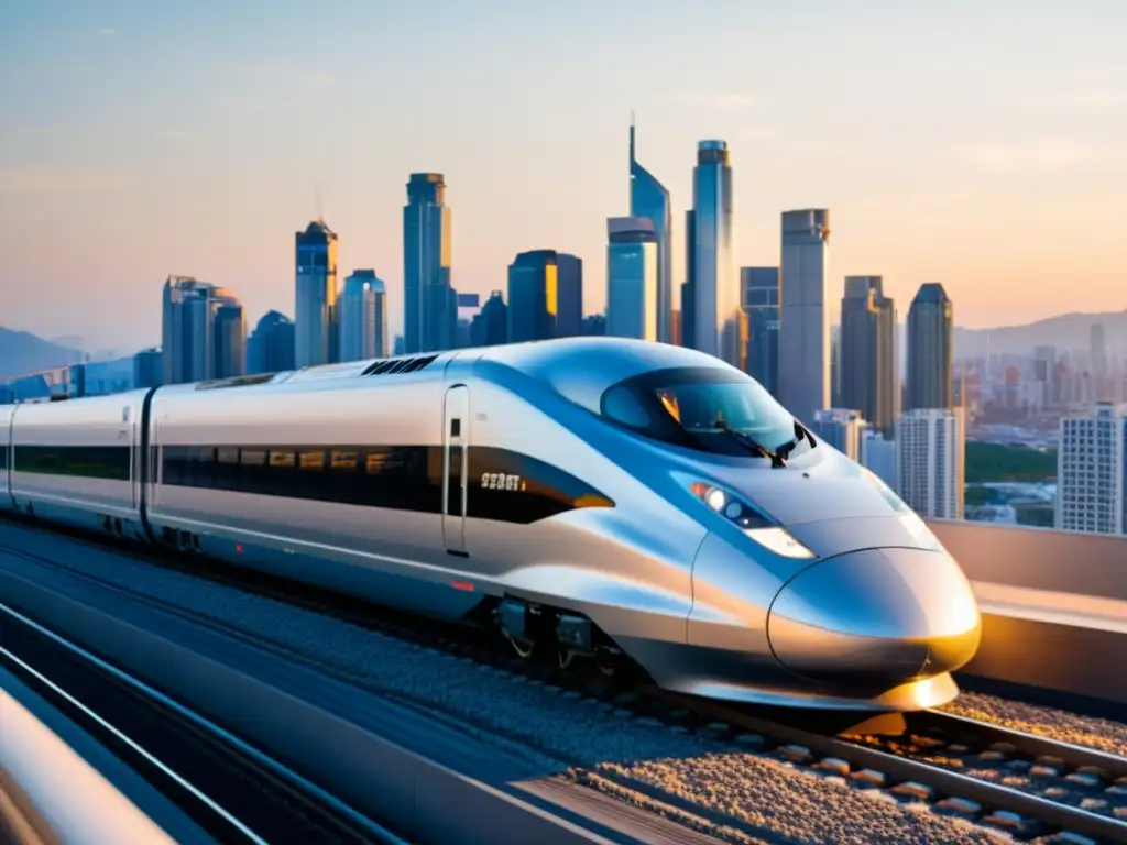 Veloz tren bala plateado en la ciudad al atardecer Un moderno tren plateado de alta velocidad atraviesa la ciudad al atardecer, creando un ícono de transporte en el paisaje urbano