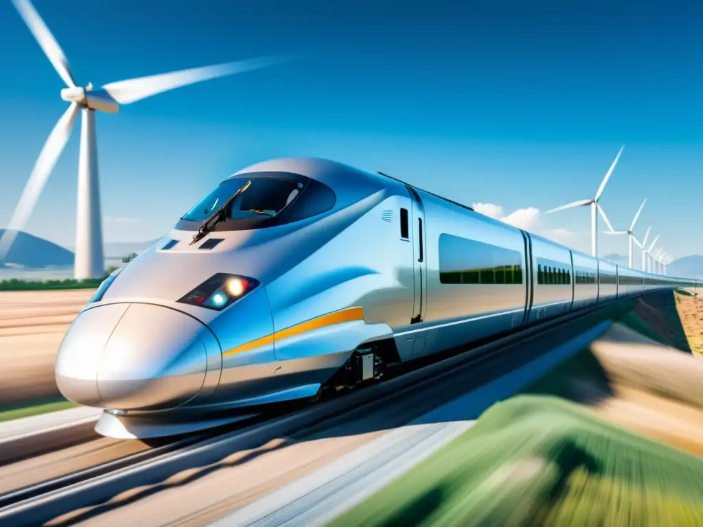 Un moderno tren plateado surca un paisaje futurista con molinos de viento girando al fondo y un cielo azul claro