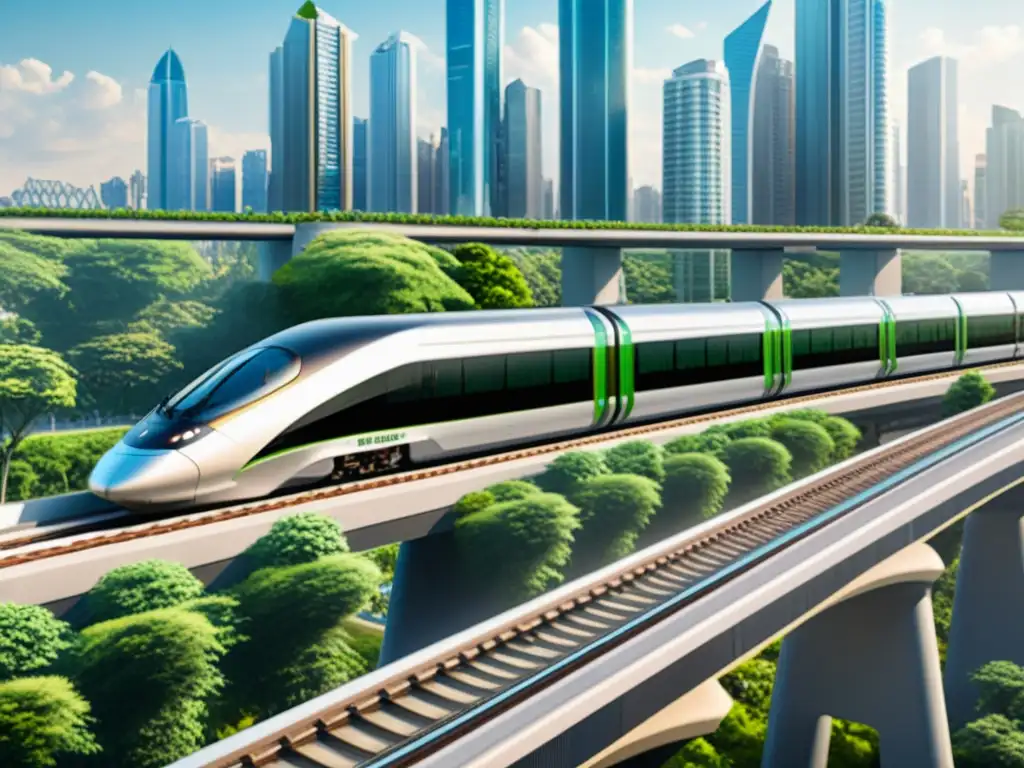 Un moderno tren urbano sostenible y rápido se desplaza por la ciudad, rodeado de vegetación exuberante y edificios futuristas