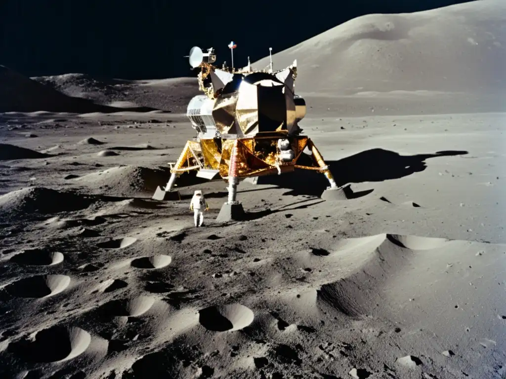 Módulo lunar Apollo 11 en la superficie de la luna, con la Tierra de fondo