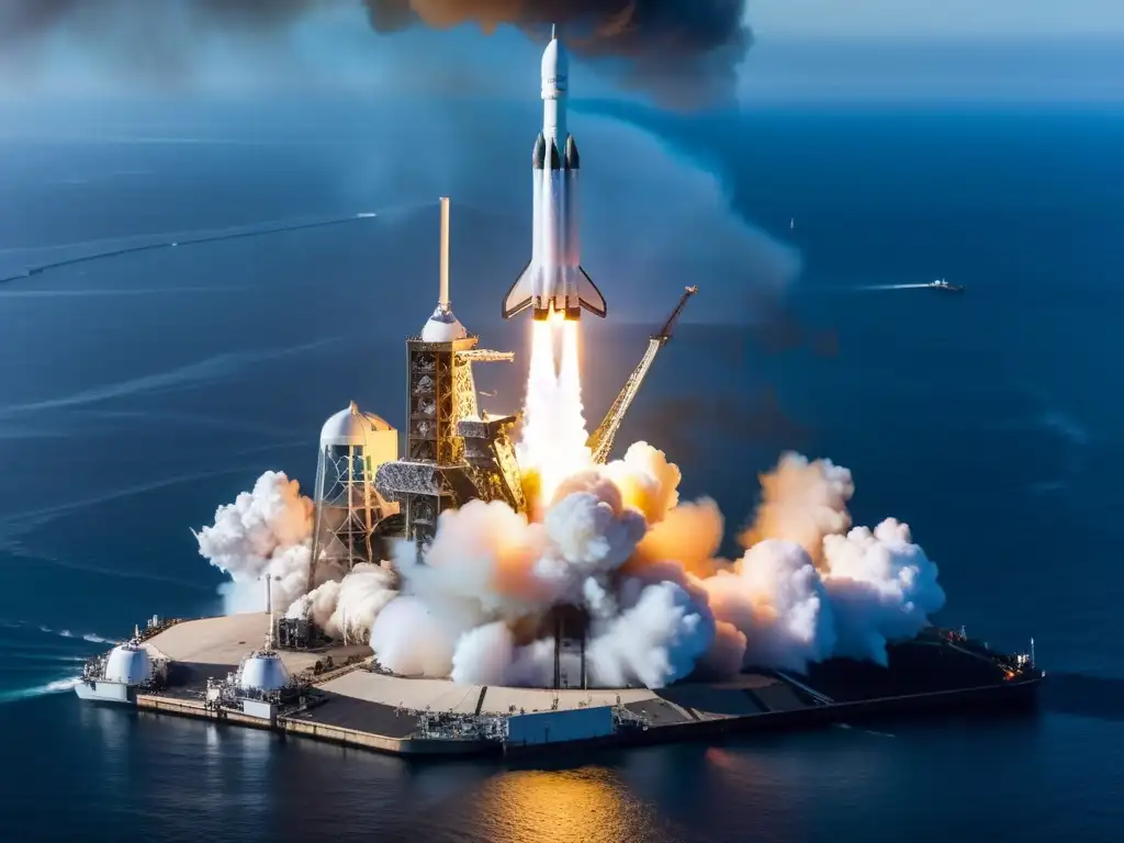 Un momento histórico: el aterrizaje de un cohete Falcon 9 de SpaceX en un barco dron en el océano, con ingenieros y técnicos de SpaceX observando