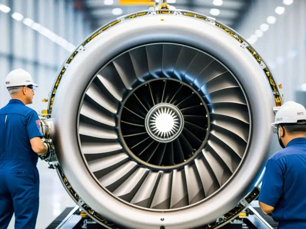 Montaje de motor aeroespacial: precisión y tecnología El montaje de un motor aéreo moderno en una fábrica aeroespacial de vanguardia