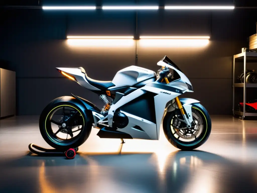 Una motocicleta eléctrica de diseño innovador brilla en un garaje