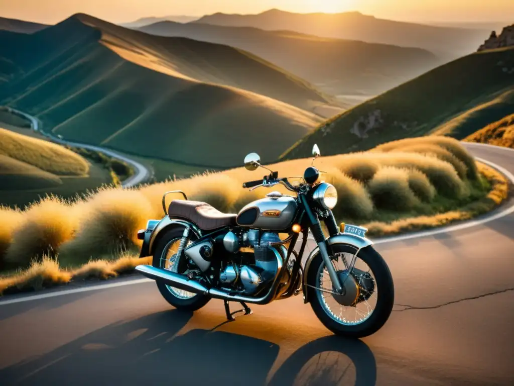 Evolución de la motocicleta a lo largo de un camino de montaña al atardecer, resaltando la sensación de libertad y aventura