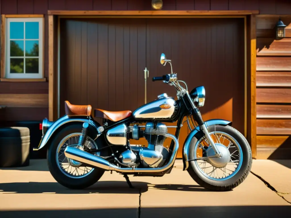 Una motocicleta vintage frente a un garaje rústico, iluminada por cálida luz dorada