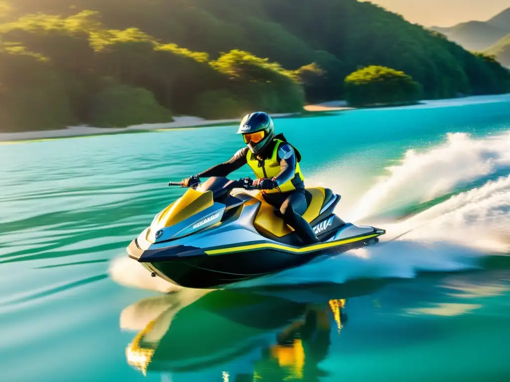 Una motos acuáticas eléctricas de diseño futurista deslizándose en aguas turquesas al atardecer, personificando innovación y aventura