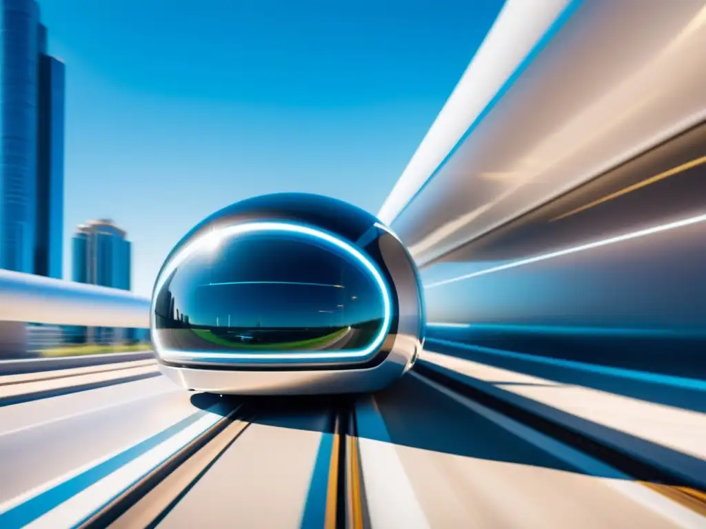 Pod Hyperloop en movimiento supersónico sobre ciudad futurista, revolucionando el transporte con velocidad increíble