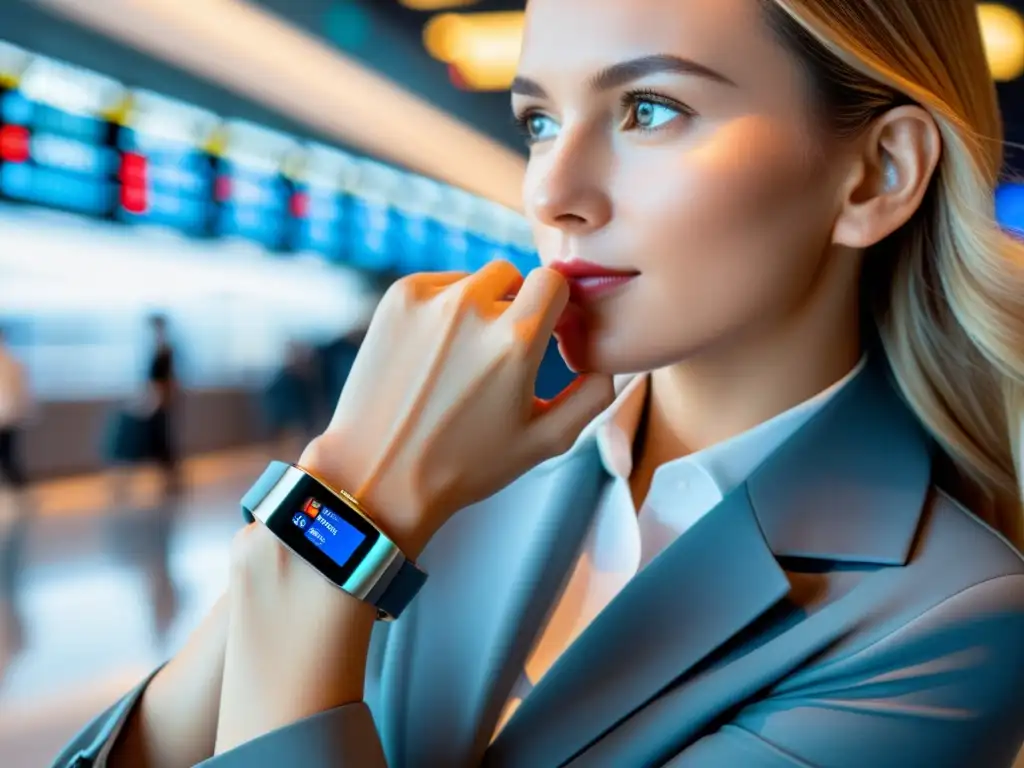 Una mujer elegante en un aeropuerto interactuando con una joya wearable