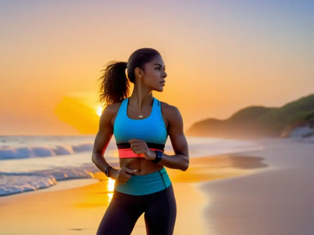 Mujer fitness estirándose en la playa al amanecer, con un reloj fitness