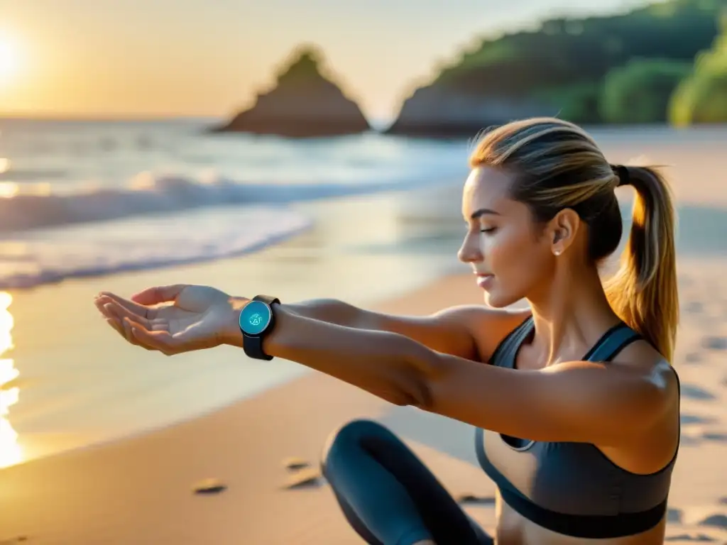 Mujer practicando yoga con un moderno rastreador fitness en la muñeca en una playa remota al amanecer