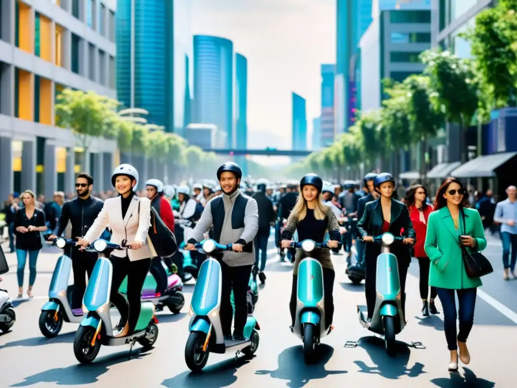 Multitud en la calle de la ciudad, con gente de todas las edades y orígenes usando patinetes eléctricos para moverse