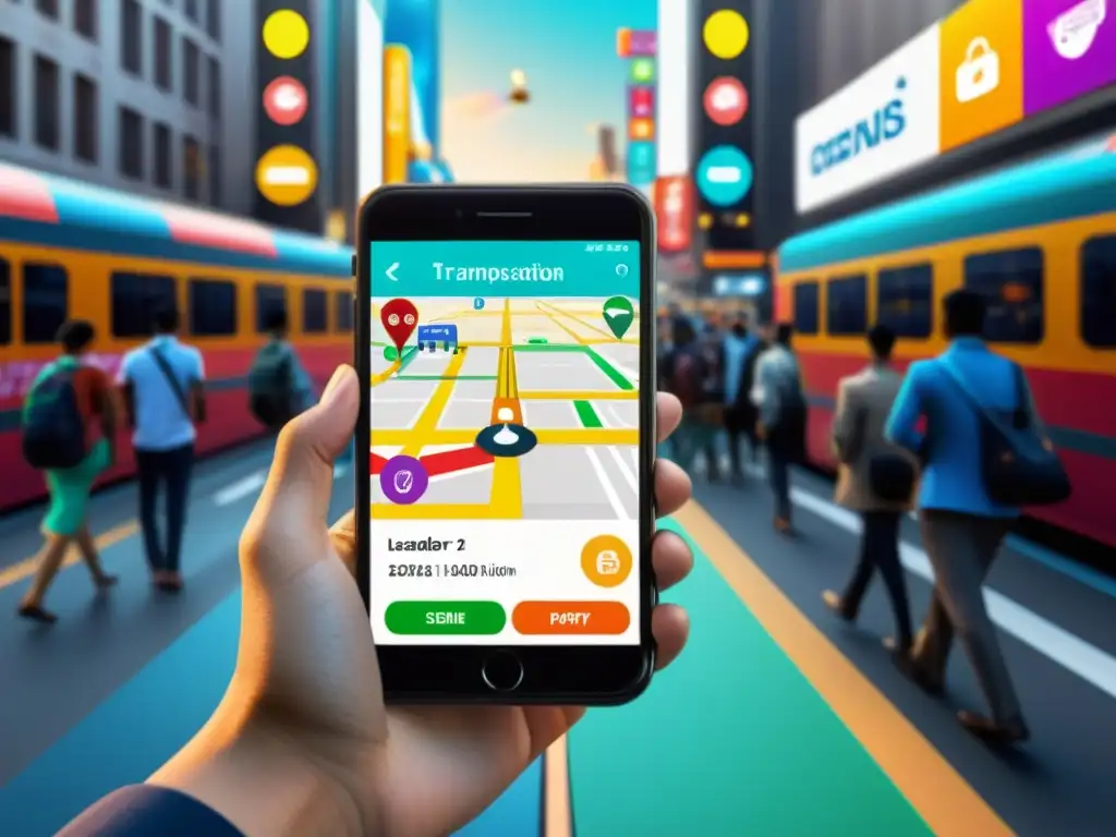 Multitud en la ciudad usando apps de transporte con gamificación, reflexionando sobre ética