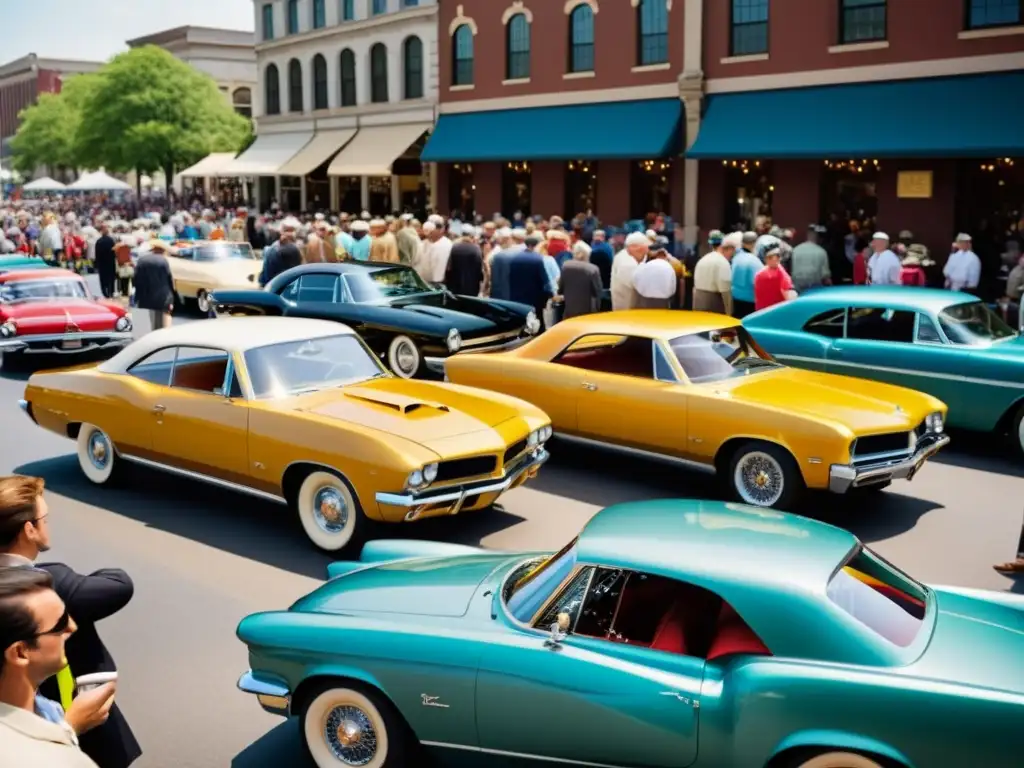 Una multitud diversa admira los autos clásicos en un vibrante show, reflejando la historia y evolución de los medios de transporte