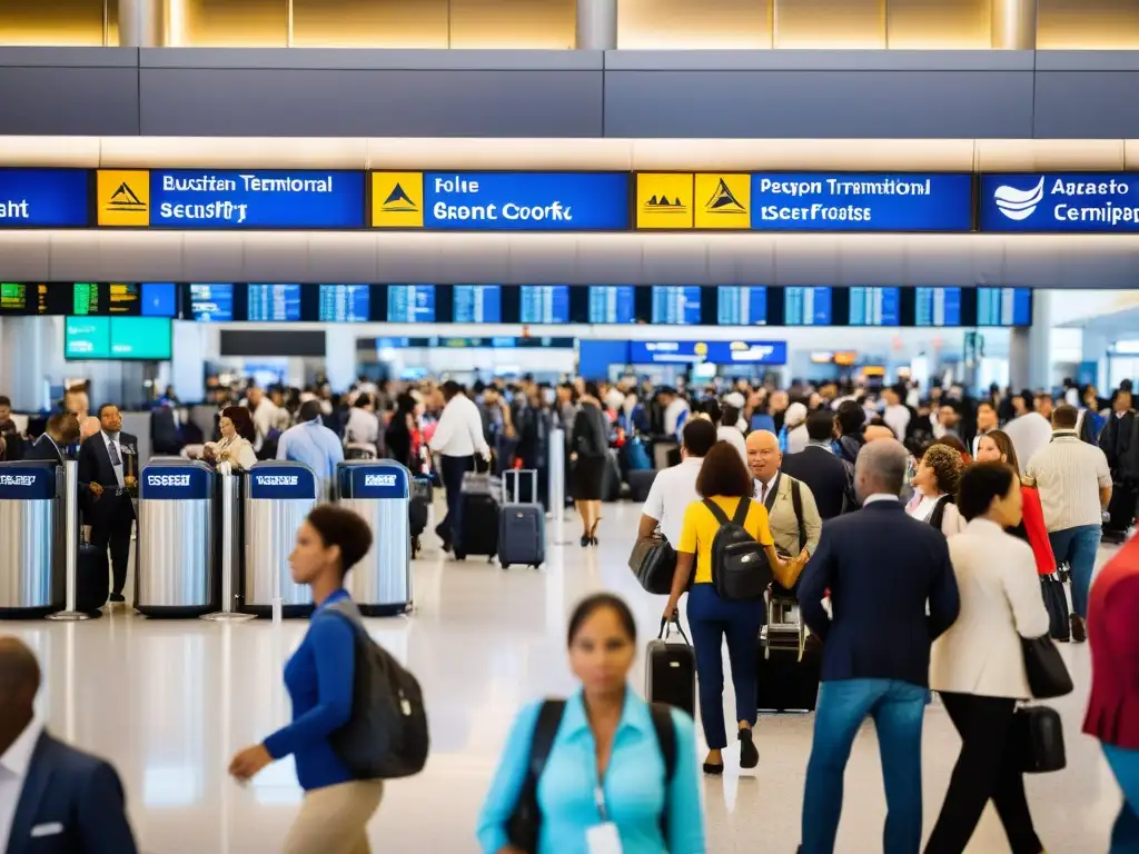 Multitud diversa en un bullicioso aeropuerto internacional, reflejando la complejidad de las regulaciones de transporte internacional