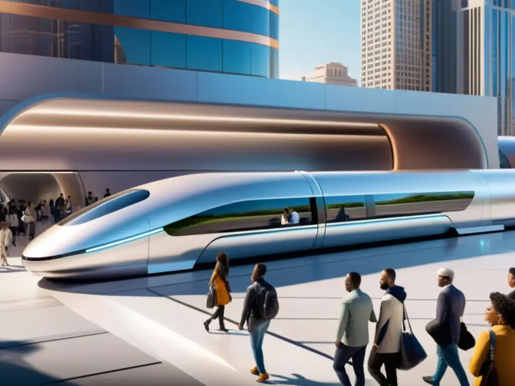 Multitud diversa espera en estación Hyperloop futurista, reflejando aspecto social y asequibilidad